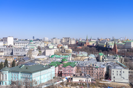 view of Moscow cityscape, old historical town and urban skyscrapers (Moscow International Business Center background) with sunny blue sky, Moscow city, Russiaの写真素材