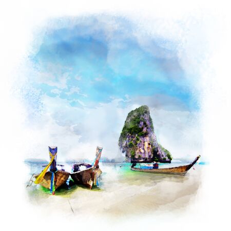 water color painting long boat on beautiful sand beach and tropical sea and blue sky on Poda island in Krabi,  Thailand with artistic technical effect - water color painting.の写真素材