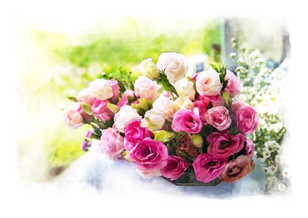 water color painting bouquet of pink rosesB in glass vase on outdoor and bokeh background with artistic technical effect - water color painting.の写真素材