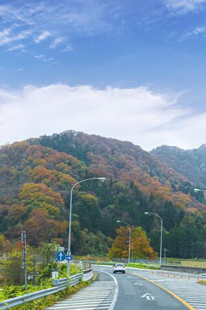 autumn colorful of Japan, maple leaves change color  tree on the express highway road, road to yamanashi, japanの写真素材