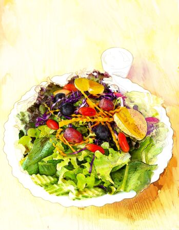 Sketch and Painting Digital with color marker pen of  fruit and vegetable salad bowl on table backgroundの写真素材