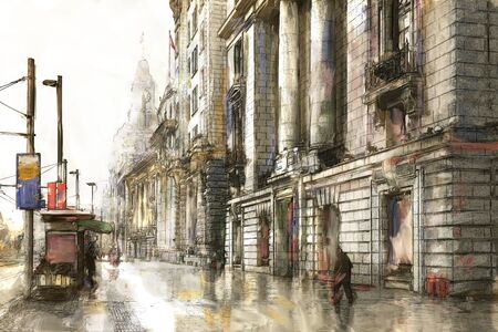 Digtal Painting and Drawing with oil color of Historical architecture on the bund of Shanghai with reflection of buildings on rain and mist in city Shanghai, Chinaの写真素材