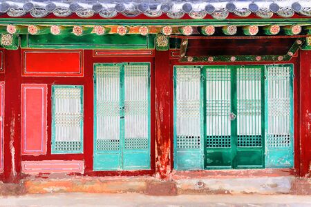 water color digital painting of  Korean Tradition Wooden door and Window, decoration brick wall from...