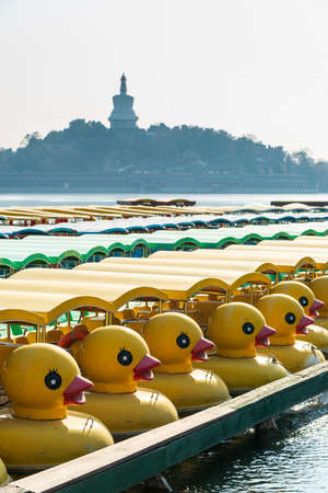 Beijing, China, January 1, 2020 : Yellow duck pedal boat row in Qianhai lake at Beihai Park, Beijing, chinaのeditorial素材