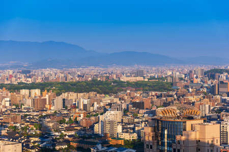 View skyline of fukuoka downtown city cityscape with blue sky, Fukuoka, Japan