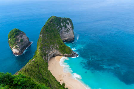 Klingung sand beach with sky blue ocean water of Aerial view. Klingung beach is apart of one day traval trip of the eastern in Nusa Penida island , Klingung regency, Bali Island, Indonesiaの写真素材