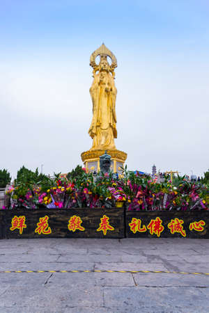 Guangzhou, China - December 31, 2018 : Golden statue of Guanyin, Ancient Quarry of Lotus Mountain, Guangzhou, Chinaのeditorial素材