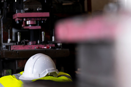protect safety helmet and safety Vest put on engineering machine in industrial factoryの写真素材
