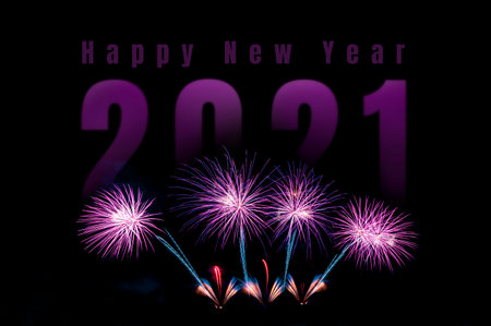 Welcome to celebration with text happy new year 2021 on firework isolated on black isolated background.- New year celebration concept.の写真素材
