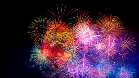 celebration happy new year and merry christmas firework isolated on black isolated backgroundの写真素材