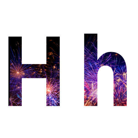 Letter h made from celebration happy new year and merry christmas firework isolated on black isolated backgroundの写真素材