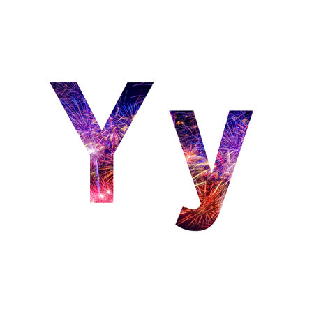 Letter Y made from celebration happy new year and merry christmas firework isolated on black isolated backgroundの写真素材