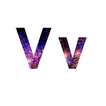 Letter v made from celebration happy new year and merry christmas firework isolated on black isolated backgroundの写真素材