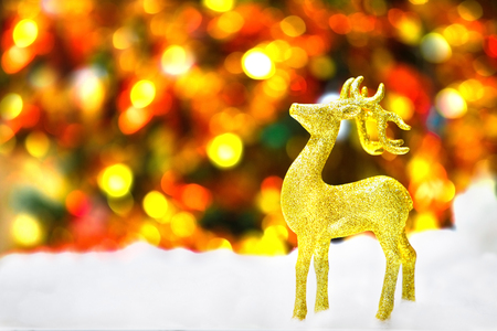gold deer in snow on glittery background in Christmasの写真素材