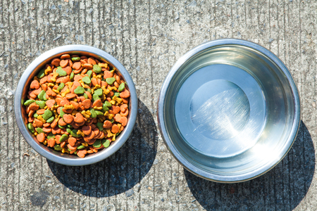 Dry dog food in in the stainless steel bowl and waterの写真素材