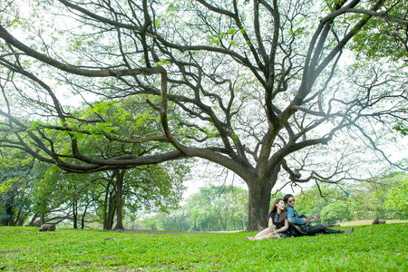 asian young couple in love enjoy playing guitar under a big tree in the parkの写真素材