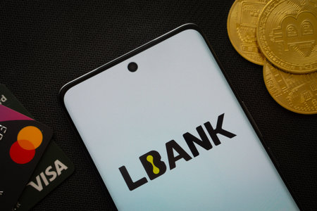 Dhaka, Bangladesh- 06 Sep 2025: Smartphone displaying Lbank logo surrounded by Bitcoin coins and...