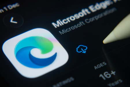 Dhaka, Bangladesh- 01 Dec 2025: A close-up of the Microsoft Edge app icon in the App Store on an...