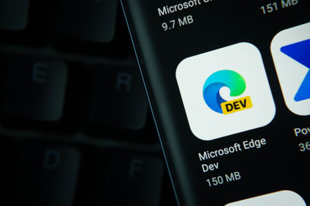 Dhaka, Bangladesh- 27 July 2025: Close-up of smartphone screen showing the Microsoft Edge Dev app icon with a dark interface.のeditorial素材