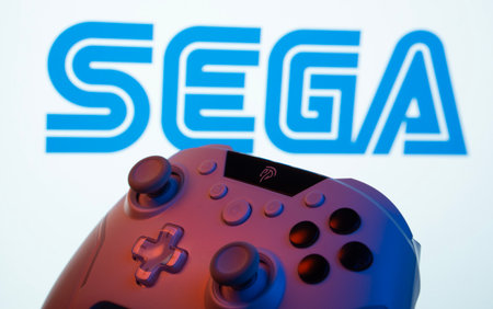 Dhaka, Bangladesh- 13 Sep 2025: A close-up of a gamepad with the Sega seen on screen in the...