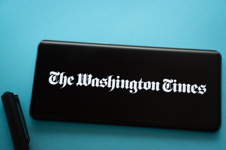 Dhaka, Bangladesh - 18 March 2025: The logo of the washington times is displayed on a smartphone screen.のeditorial素材