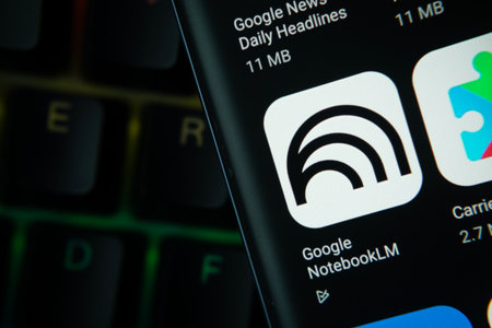 Dhaka, Bangladesh- 27 July 2025: Close-up of smartphone screen showing the Google NotebookLM app icon with a dark interface.のeditorial素材