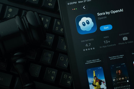 Dhaka, Bangladesh- 28 Oct 2025: An iPad displaying the Sora by OpenAI app against a judge's gavel and dark keyboard background.のeditorial素材