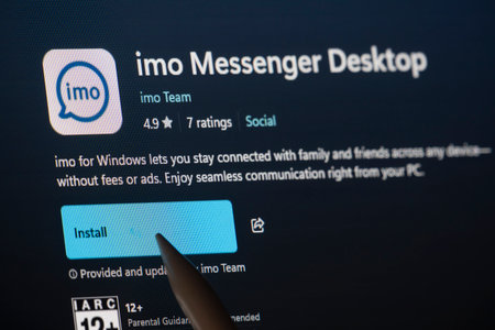 Dhaka, Bangladesh- 19 Sep 2025: A close-up of the imo app from the Microsoft Store is shown on a...