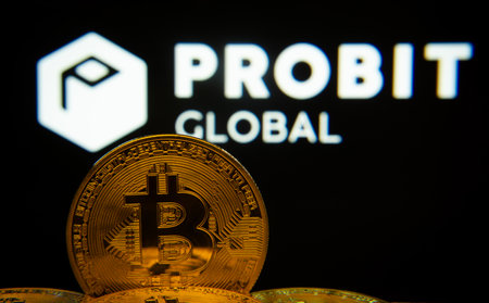 Dhaka, Bangladesh- 27 Mar 2025: Close-up of Bitcoin coins with the ProBit Global logo visible on a...