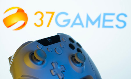 Dhaka, Bangladesh- 20 Mar 2025: A close-up of a gamepad with the 37Games seen on screen in the...