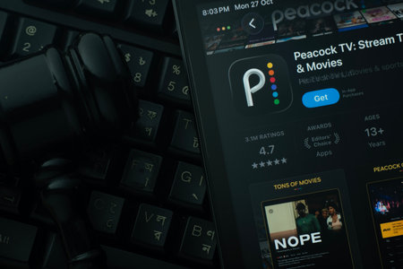 Dhaka, Bangladesh- 28 Oct 2025: An iPad displaying the Peacock TV app against a judge's gavel and dark keyboard background.のeditorial素材