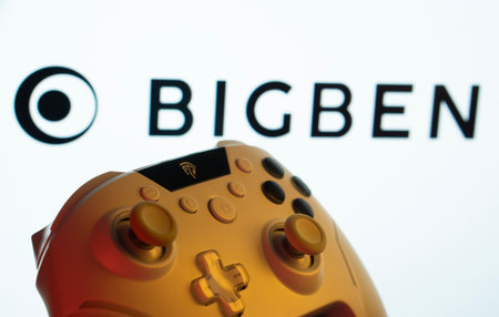 Dhaka, Bangladesh- 20 Mar 2025: A close-up of a gamepad with the Bigben Interactive seen on screen...