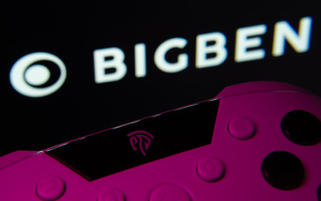 Dhaka, Bangladesh- 24 Mar 2025: A close-up of a gamepad with the Bigben Interactive seen on screen...