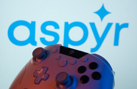 Dhaka, Bangladesh- 20 Mar 2025: A close-up of a gamepad with the Aspyr seen on screen in the...