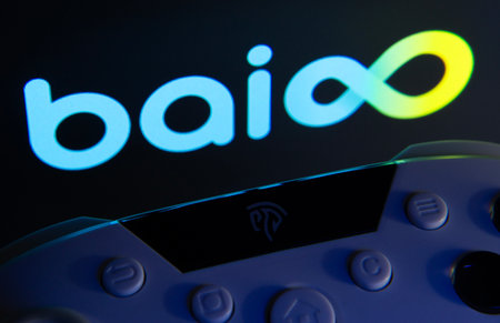 Dhaka, Bangladesh- 24 Mar 2025: A close-up of a gamepad with the Baioo Family Interactive Ltd seen...
