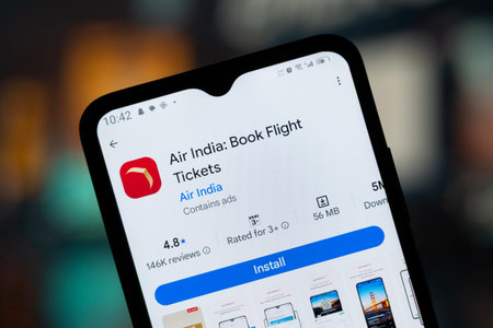 Dhaka, Bangladesh - April 28, 2026: Air India app page on Google Play Store displayed on a smartphone.