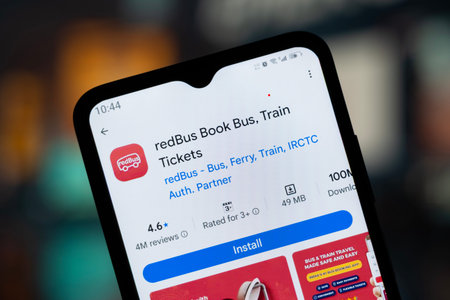 Dhaka, Bangladesh - April 28, 2026: redBus app page on Google Play Store displayed on a smartphone.