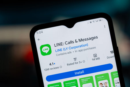 Dhaka, Bangladesh - 29 April, 2026: LINE app page on Google Play Store on a smartphone screen.