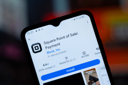 Dhaka, Bangladesh - 29 April, 2026: Square Point of Sale: Payment app page on Google Play Store on a smartphone screen.