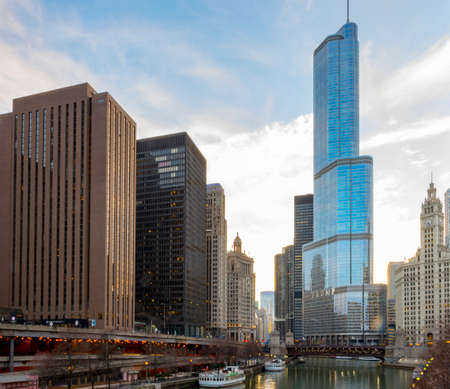Chicago, IL, United States: April 22nd, 2018 - Shot of the Trump Tower in Chicago, Illinois, overlooking the Chicago River.のeditorial素材