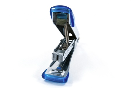 Blue stapler shot on white background.