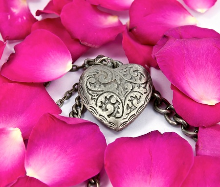 Heart surrounded by rose petals.の写真素材