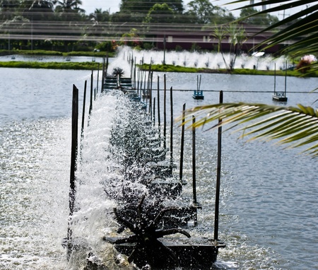 Close up water wheel in shrimp farm, Thailand.