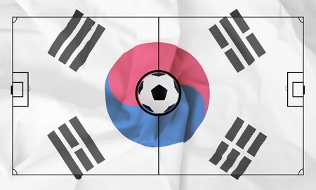Soccer field layout on realistic South Korea flag backgroundの写真素材