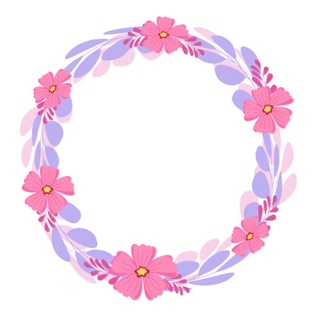 Round frame with pink flowers and leaves on a white background. Vector illustration.のイラスト素材