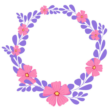 Beautiful round gradient frame with purple flowers. Copy space. Raster clip art.のイラスト素材