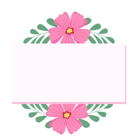Pink flower frame with green leaves on white background. Vector illustration.のイラスト素材