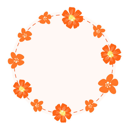 Round floral frame with orange flowers on white background. Vector illustration.のイラスト素材