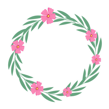 Flower wreath with pink flowers and green leaves. Vector illustration.のイラスト素材