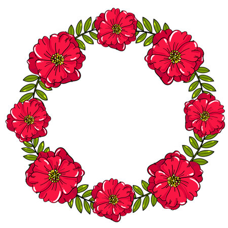 Round frame with red flowers and green leaves. Vector clip art.のイラスト素材